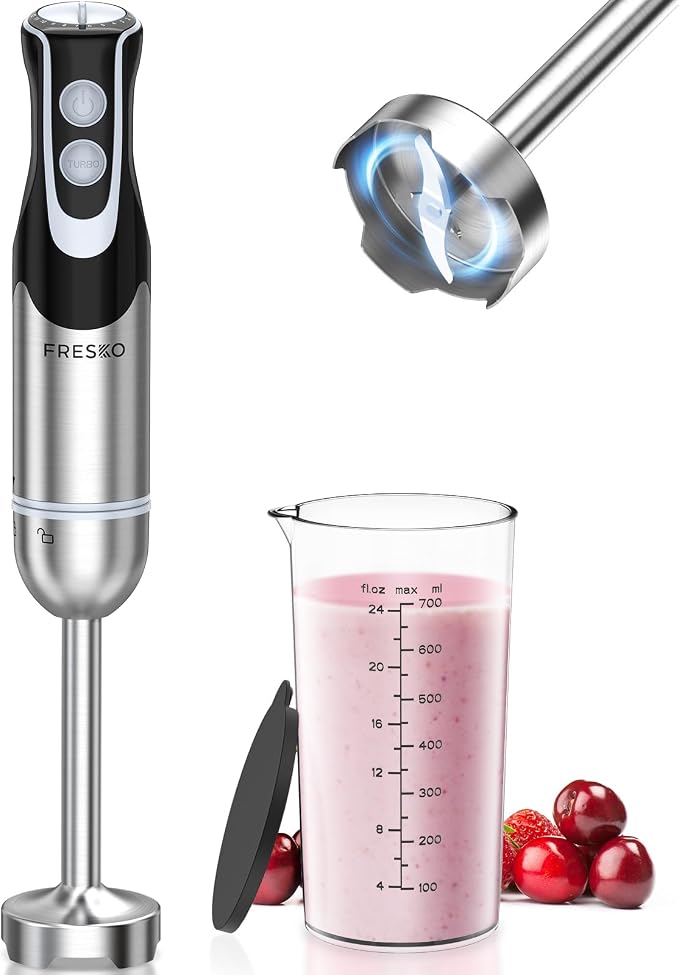 Immersion Blender Handheld, 2-In-1 Hand Blender with 12-Speeds & Turbo Mode | 500W Emulsion Blender, 24oz Beaker, Stainless Steel Blade，Stick Mixer for Baby Food, Smoothies, Soups & Sauces