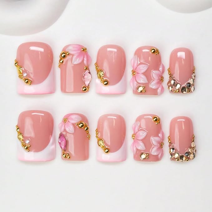 10 Pcs Flower Press on Nails Handmade Short Fake Nails 3D Pink White Flower Designs Rhinestone French Tips False Nails Press ons with Charms Designs Thick Square Acrylic Stick on Nail for Women (M)