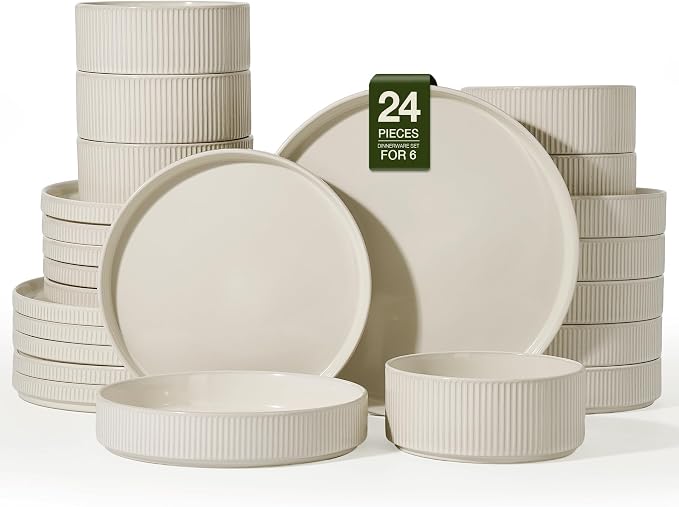 Famiware Stoneware Dinnerware Set with Pasta Bowls, Oat White Dishes for 6 | 24-Piece Ceramic Double Bowls & Flat Plates, Chip & Scratch Resistant, Microwave & Dishwasher Safe, Everyday Dining, Modern