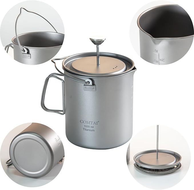 Titanium French Press Pot 1000mL/35 fl ozCoffee Maker Camping with Lid and Filter Titanium French Press Cup Backpacking for Outdoor Hiking Camp (1000ml)