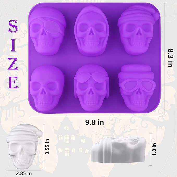Large Skull Cake Pan Silicone Mold, 2 Pack 6 Cavity Halloween Skull Cakelet Chocolate Molds Candy Pizza Baking Molds Handmade Soap Tray
