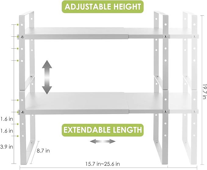 Across-Star Expandable Cabinet Shelf Organizer Rack, Stackable Kitchen Counter Storage Shelves Stand, Adjustable Height Pantry Shelf Spice Rack (White, 2 Pack)