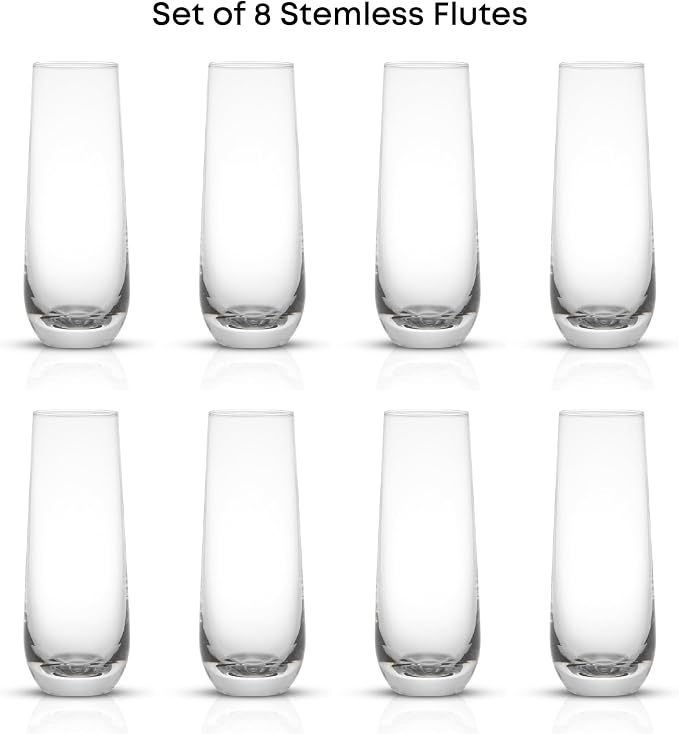 JoyJolt Milo Stemless Champagne Flutes Set of 8 Crystal Glasses. 9.5oz Prosecco Wine Flute, Mimosa Glasses, Cocktail Glass Set, Water Highball Glass, Bar Glassware