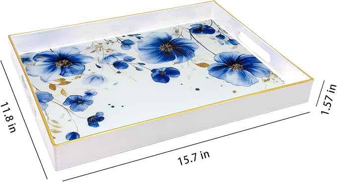 Serving Tray with Handles, 15.7 * 11.8 inches, Plastic Ottoman Tray with Exquisite Paintings, Trays for Coffee Table