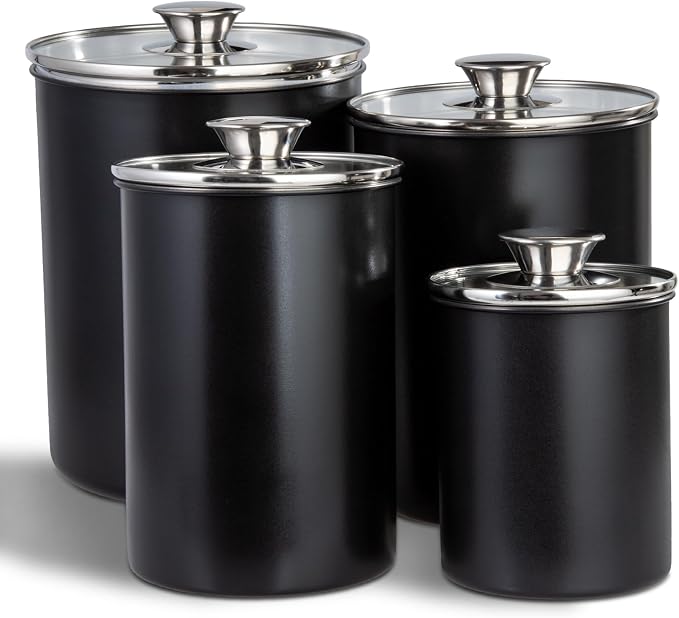 malmo Stainless Steel Food Canister Set of 4-Piece, 16/49/85/132 Ounces,Airtight Containers with Glass Lid for Tea,Coffee,Sugar,Flour,Pantry Kitchen Storage Storeroom Counter (Black)