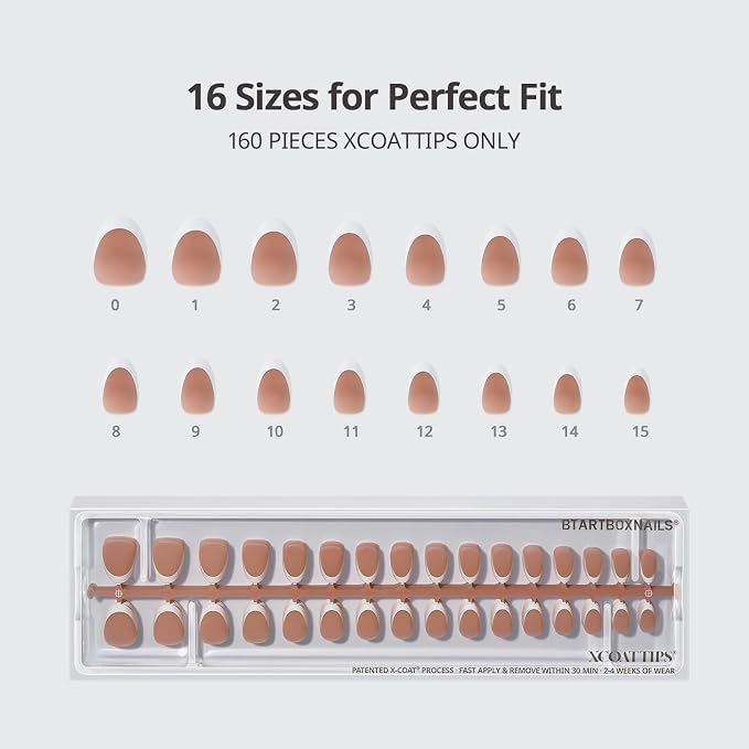 BTArtboxnails XCOATTIPS White French Tip Press On Nails, XS Oval, Brown | Lamp-Curable, 4-Week Wear, Salon Quality Value at Home, Natural Nail Look, Easy-to-Apply for Beginners, 160Ct Nail Tips Only