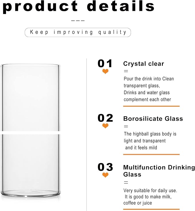 LUXU Drinking Glasses 13 oz,4pcThin Highball Glass,Clear Tall Beer Glass | Lead-Free Glassware,Clear Everyday Drinkware,Water Glasses,Mojito Glass Cups,Bar Glassware,and Mixed Drink Cocktail Glass Set