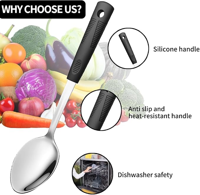 Serving Spoons Set, Large Serving Spoons with Silicone Handles | Stainless Steel Serving Spoon, Slotted Spoon & Soup Ladle Set for Buffet and Home Kitchen