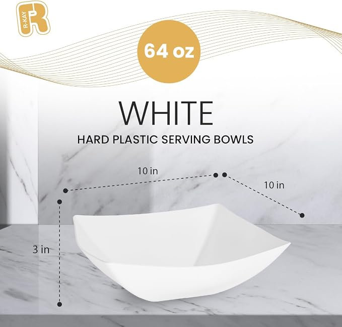 R-kay 6 Pack Square Plastic White Serving Bowls - White Plastic bowls 64 Oz - Salad Bowls Large Serving - Premium Heavy Duty For Weddings Catering And Birthday parties