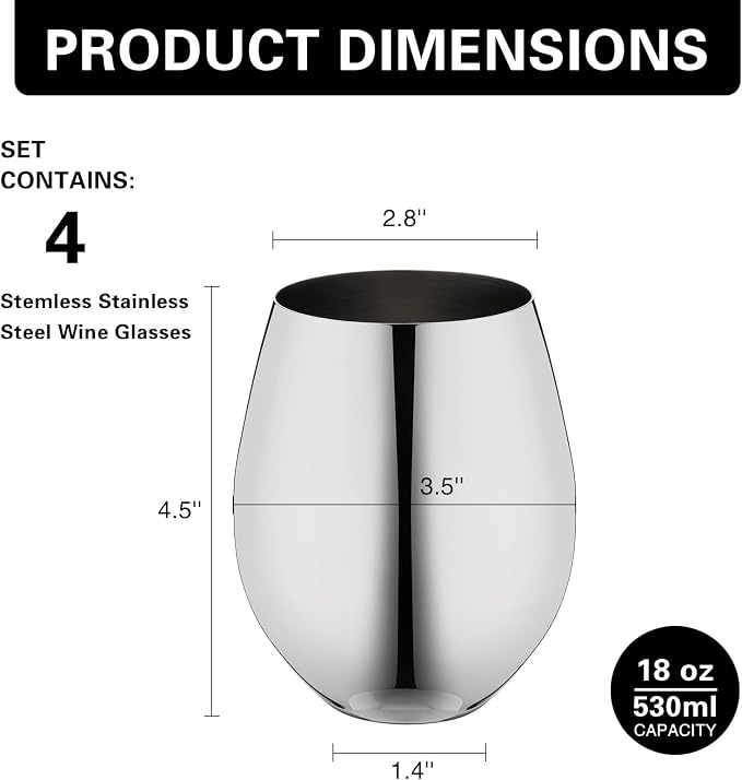 WOTOR Stemless Stainless Steel Wine Glasses, 18oz, Silver, Set of 4 | Unbreakable, Metal, Ideal Gift for Wine Lovers