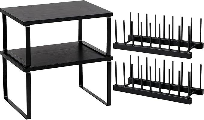 Marsui 4 Pcs Kitchen Organizer Accessories Set for Cabinet,Black | Cabinet Organizer Shelves, Bamboo Dish Drying Plate Rack, Wooden Counter Storage Holder, for Spice Dish Pot Lid Bowl Cup