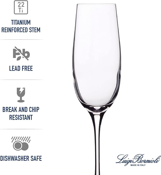 Luigi Bormioli Crescendo Champagne Flutes, 8.25 Oz - Clear, Set of 4 | Lead-Free Crystal Stemware with Elegant Long Stem Design for Champagne, Prosecco, Cava, Sparkling Cocktails, Dishwasher Safe