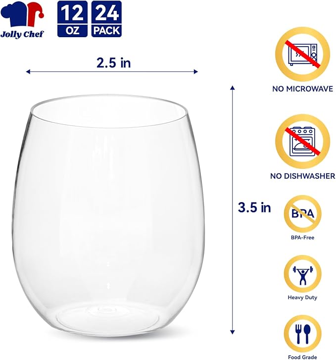 JOLLY CHEF 24 Pack 12oz Plastic Wine Glasses Stemless, Disposable Wine Cups | Shatterproof, Unbreakable, Crystal, Stemless Plastic Wine Cups for Party, Halloween, Thanksgiving, Christmas