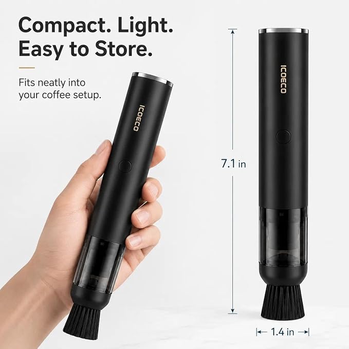 Mini Coffee Grinder Vacuum Cleaner for Espresso Machines & Barista Stations | Coffee vacuum, grounds cleanup, 4 heads, soft bristle brush, angled nozzle, blower tip, removable tray, USB-C rechargeable