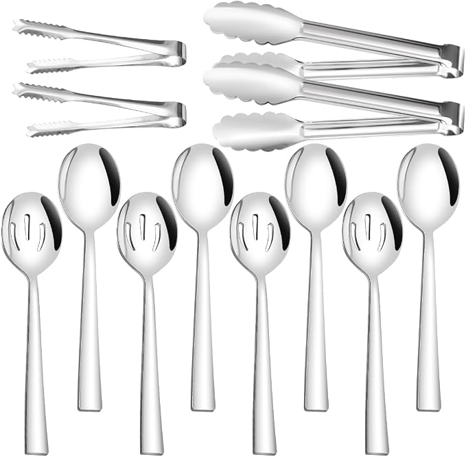12 Piece Serving Utensils, Amafox Stainless Steel Serving Utensils Set Include Large Spoons, Slotted Spoons, Ktichen Tongs, Ice Tongs for Party Buffet Catering Banquet (Silver)