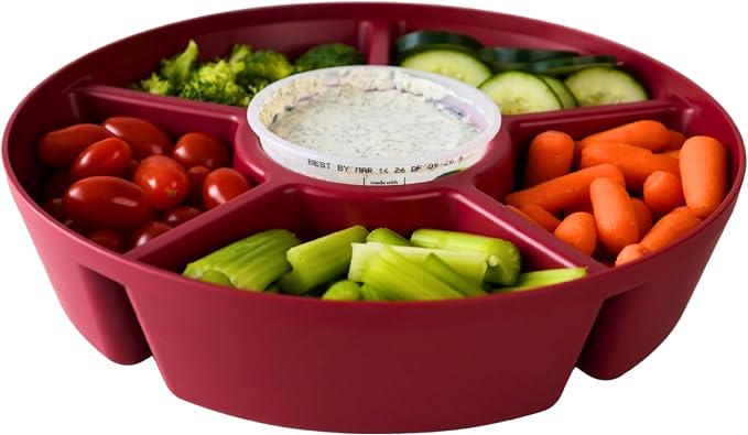 Heavy-Duty Divided Serving Tray with Leakproof Lid - 6 Divided Compartments to Serve & Store Food, Fruit Tray, Veggie Tray, Party Platters - Made In USA (Radiant Red/Clear Lid)