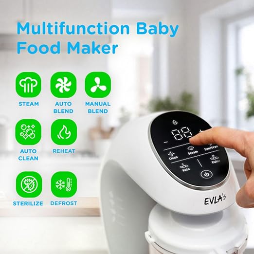 EVLA'S Baby Food Maker, Steamer, Blender, Baby Food Processor for Healthy Homemade Baby Food in Minutes, Touch Screen with 6 Reusable Food Pouches, Baby Registry Essential, White | Blend, Grind, Steam, and Cook Homemade Baby Food, Self Cleaning Machine...