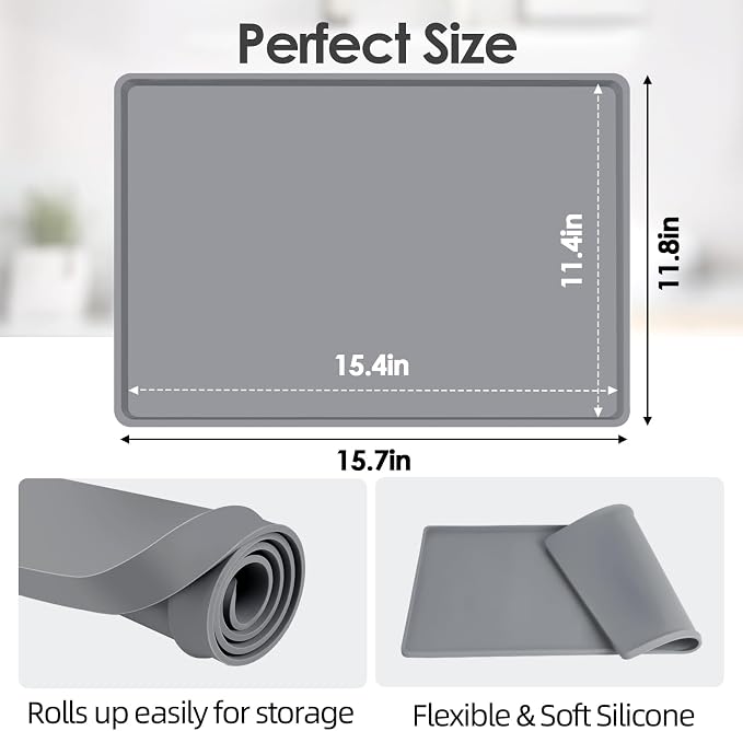Silicone Coffee Maker Mat with Lip for Countertops, 15.7'' x 11.8'', Grey | Multi leak-proof coffee tray for countertop, non-slip silicone mat fits most coffee makers & espresso machines, wipe-clean