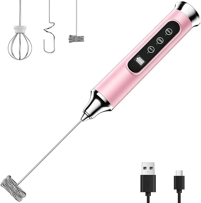 YUSWKO Milk Frother Wand for Coffee, Coffee Frother Handheld Drink Mixer | Rechargeable Mixer Wand, Waterproof Electric Whisk for Protein Powder, Lattes, Cappuccino, 3 Variable Speeds 3 Whisks, Pink