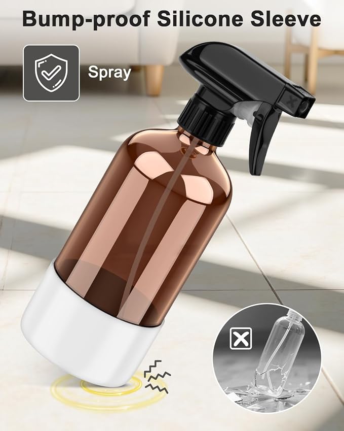 Bontip Amber Glass Spray Bottle, 16 oz with White Silicone Sleeve, 1 Pack | Refillable amber glass bottle, With protective silicone sleeve, BPA-free, UV shielding, Great for cleaning solutions,plants