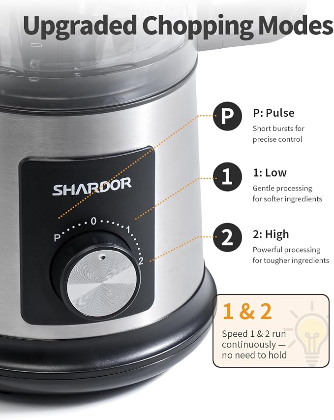 SHARDOR Electric Food Processor, 4 Cup Food Chopper with 3 Speed Settings (Pulse + Hands-Free 1&2), 400W Powerful Motor, 4 Bi-Level Blades and Whisk Attachment, BPA-Free, Stainless Steel