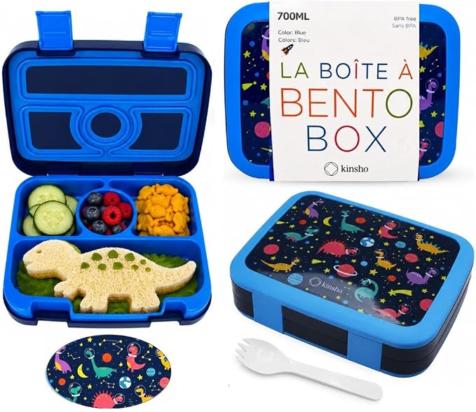 kinsho Kids Lunch Box - Bento Box for Boys Toddler Daycare, 4 Portion Sections with Lid, Snack Container Pre-School Kid Lunches Toddlers Removable Tray BPA Free, 3+ Years Old, Blue Rocket Dinosaur