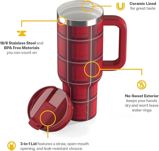 RTIC 40 oz Road Trip Tumbler Double-Walled Cermaic Lined Insulated Stainless Steel Portable Travel Coffee Mug Cup with Lid, Handle and Straw, Red Plaid