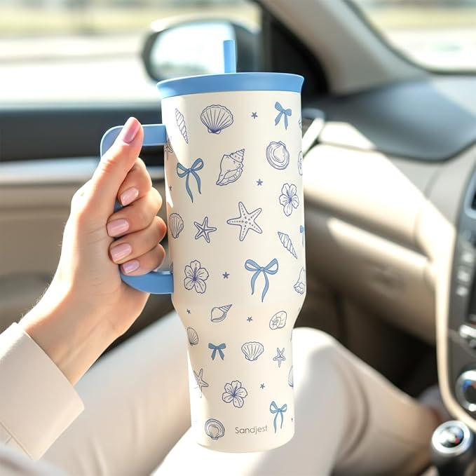 SANDJEST Coastal 40oz Tumbler with Handle and Straw, Insulated Stainless Steel Travel Coffee Mug for Women Girls, Gift Idea for Birthday Christmas Mothers Day