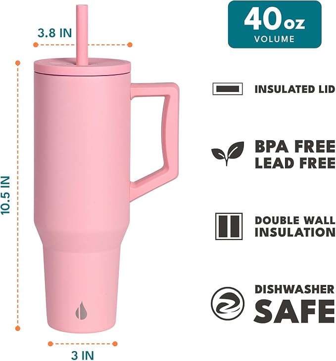 Elemental Spill Proof 40oz Insulated Tumbler with Handle & Straw Travel Mug | Stainless Steel Commuter Travel Coffee Mug for Cold Beverages, Includes 2 Straws & a Spill Proof Lid for Everyday Use