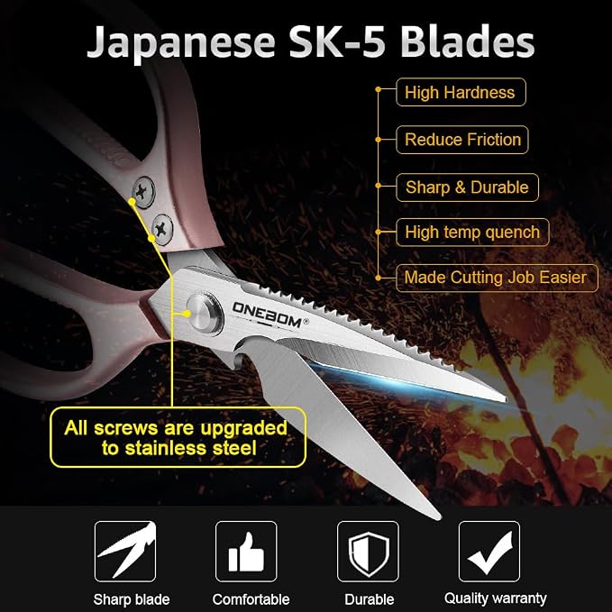 2 Pack ONEBOM Kitchen Shears,Kitchen Scissors Heavy Duty Serrated Blade for Cutting Meat, Food, Fish, Poultry Sharp Scissors, Apartment Kitchen Accessories,Gift Herb Scissor(Rose Glod)