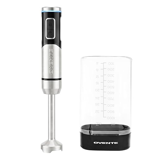 OVENTE Cordless Hand Blender, Rechargeable with 8 Mixing Speed Black HR981B | 200 Watts Handheld Portable Stick Mixer, One-Touch Control and Stainless Steel Blades for Smoothies, Shakes or Soups