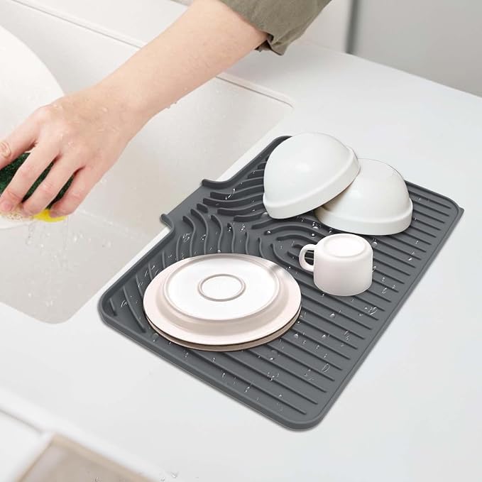 GUUKIN Dish Drying Mat, 14.7"x10.2" Drying Matt Kitchen Counter, Non-Slip Drying Pad, Easy Clean Pad for Countertop Protection, Multi-Functional Use (Grey)