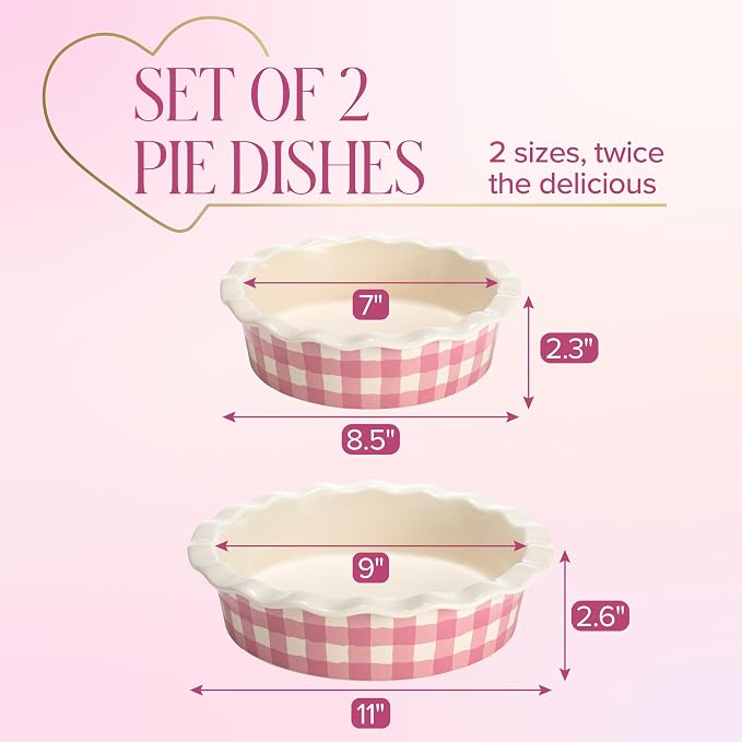 Paris Hilton Ceramic Pie Dish Set, 7-Inch and 9-Inch Stoneware Baking Dishes with Fluted Rim and Gingham Design, Oven Safe up to 450°F, 2-Piece, Pink