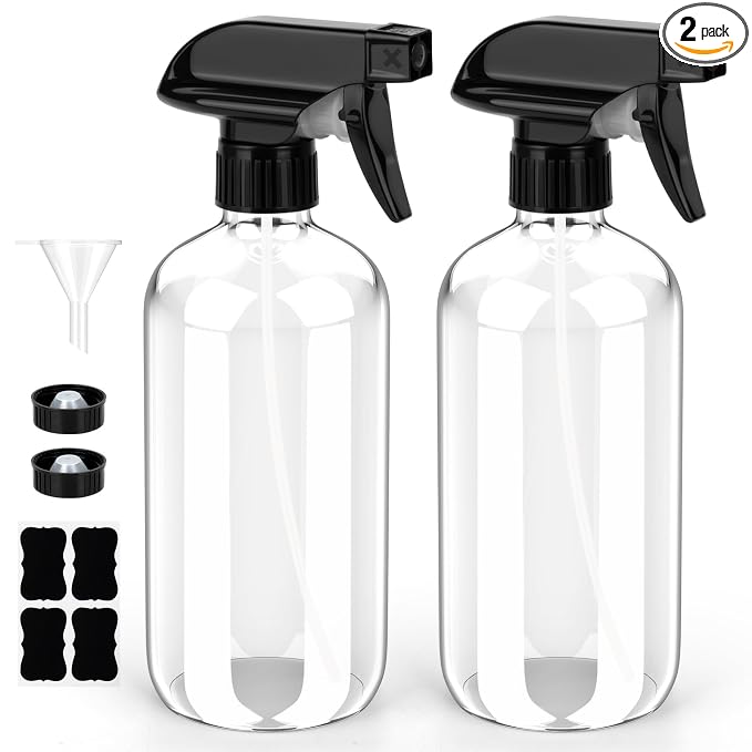Bontip Glass Spray Bottle 8 oz for Cleaning, Plants (2 Pack, Transparent) | Refillable spray bottle Set, BPA-free eco glass, With labels and funnel, Great for cleaners, plant misting, hair care