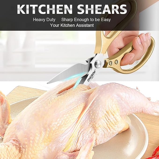 ONEBOM 2 Pack Kitchen Shears,Multi-Function Kitchen Scissors Heavy Duty Sharp 304 Stainless Steel, Gold Apartment Kitchen Accessories Cooking Shears for Chicken,Meat,Fish,Poultry (Gold)