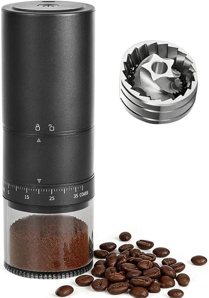 Portable Electric Coffee Grinder with 38 Adjustable Grind Settings – USB Rechargeable Stainless Steel Conical Burr, Coffee Bean Grinder for Espresso, French Press, Travel, Camping, Home & Office Use