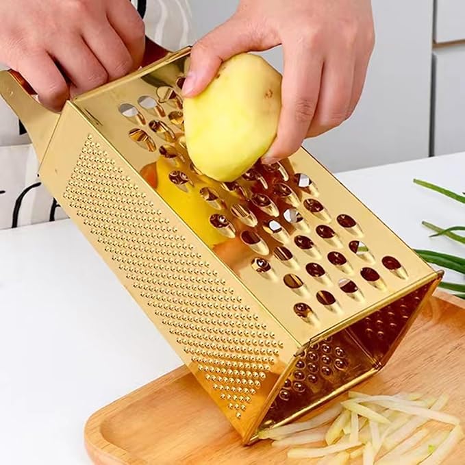Stainless Steel 4 Sides Multifunctional Grater Slicer with Handle | Gold,for Ginger, Garlic, Cucumbers, Carrots, Cheese, Potato, Ergonomic Design Kitchen Gadgets Accessories