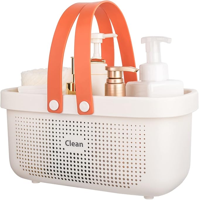 JiatuA Plastic Storage Basket with Handle Portable Shower Caddy Tote Organizer Basket Bin for Bathroom Kitchen Dorm Room Bedroom, White | Sturdy Drainage Large Capacity Organizer Basket with Silicone Handles for Bathroom Kitchen Bedroom College Dorm Es...