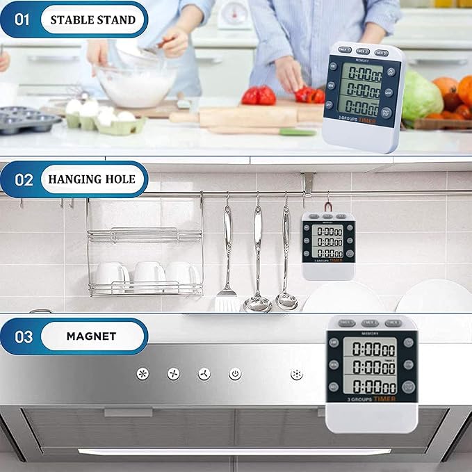 Digital Dual Kitchen Timer, Multiple Channels Countdown Timer | 3-Groups Triple Timer with Magnet-Back Memory-Preset Large Display Adjustable Volume, 3A Battery Included, Ideal for Cooking