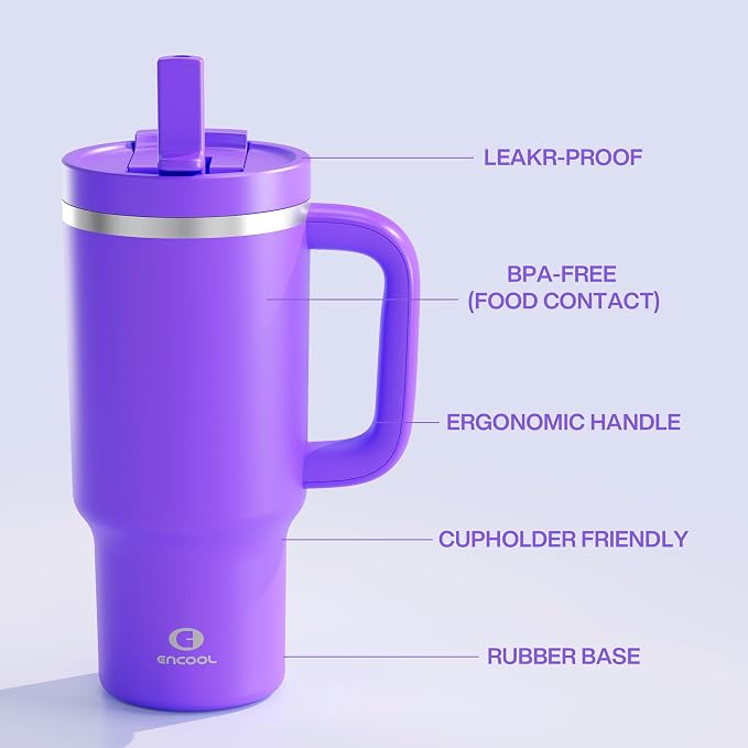 32 oz Tumbler with Handle and Straw: Stainless Steel Insulated Tumbler Keeps Cold for 24 Hours, Leakproof Travel Cup Fits in Cup Holder and BPA-Free,Violet