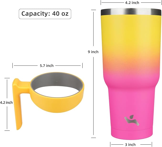 Konokyo 40 oz Tumbler with Handle and Straw, Insulated Travel Mug | Rainbow; BPA-free, leak-proof tumbler with 2 lids, 2 straws, cup holder fit for coffee, office, travel & daily use