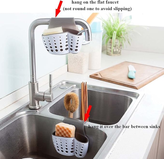 Kitchen Sink Caddy Sponge Holder, Saddle Faucet Organizer | Plastic Fitting Most Sink Rims, Removable Drain Basket Holding Sponges, Brushes & Stoppers Dry to Tidy Kitchen Sinks