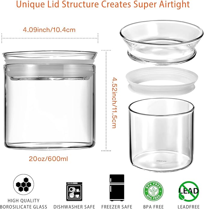 ZENS 17oz Glass Jars with Airtight Lid, Set of 4 Small Glass Storage Jars | Borosilicate Glass Canisters Set with Lids, Small Storge Containers for Kitchen Spice, Sugar, Blooming Tea,