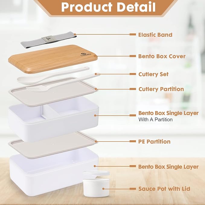 Sinnsally Lunch Box for Adult,1400ml Stackable Japanese Bento Lunch Box for Women,Lunch Containers with Food Compartments,Rectangle Bento Box with Cutlery Set,Leak-proof,Microwave Safe (White)