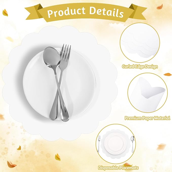 60 Pcs White Paper Placemats, 13.5 Inch Disposable Scalloped Placemat | Disposable Table Place Mats Decorative Paper for Birthday Wedding Bridal Shower Holiday Party