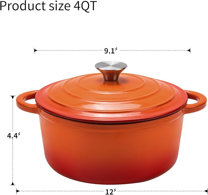 4-QT Enameled Cast Iron Round Dutch Oven With Lid,Oven safe,Orange | Small enameled cast iron Dutch oven,Retains moisture,PFAS-free,500°F,sourdough,braising/stews/roasting,Housewarming Gift