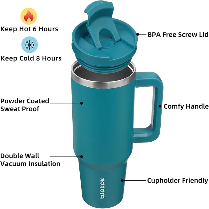 BJPKPK 40 oz Insulated Tumbler with Handle & Straw, Stainless Steel | Double Wall Vacuum Insulation, Leak Proof, BPA Free, Dishwasher Safe, Cupholder Friendly, Travel & Outdoor, Laguna