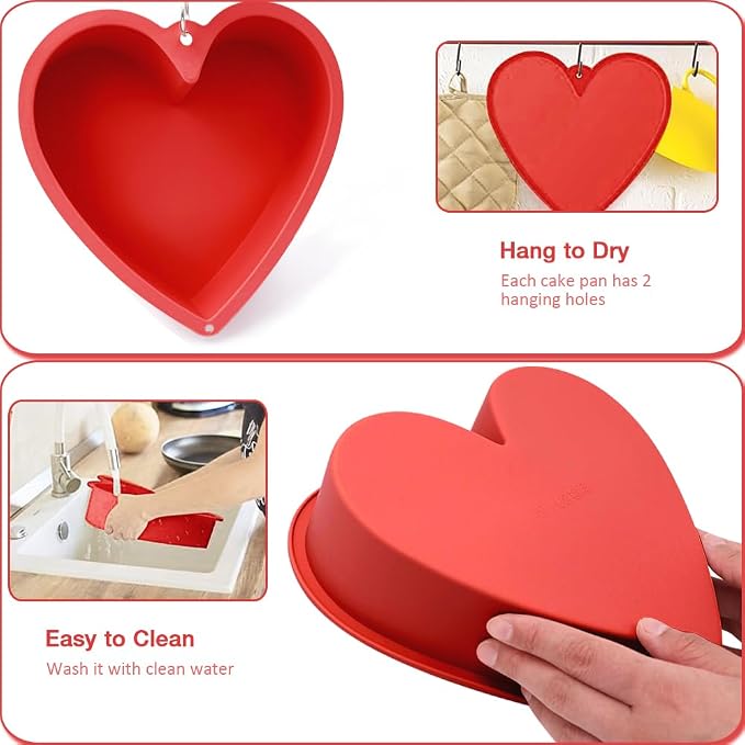 Alimat PluS 8 Inch Heart Shaped Cake Pans Set of 2 with Hanging Hole(Red) | Silicone Material