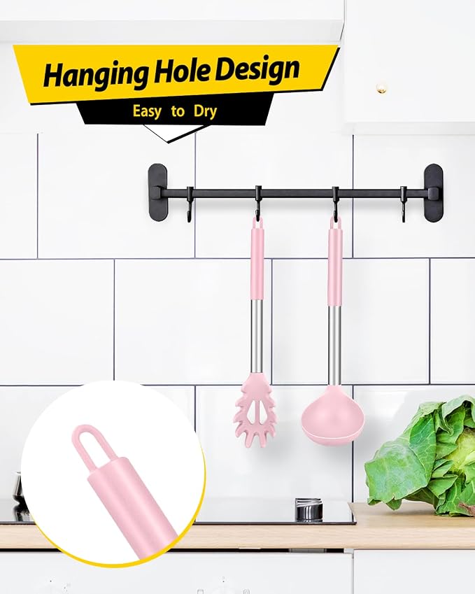 BUNDLEPRO Silicone Pasta Fork and Ladle Spoon Set, 2 Pack, Pink | Large Non Stick, High Heat Resistant Kitchen Utensils for Cooking,Stirring,Serving Spaghetti, Soup, Sauce