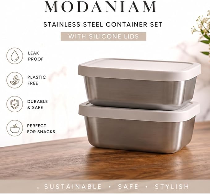 Flexibento - Stainless Steel Snack Container Set with Silicone Lids - 2 pack 14 OZ each